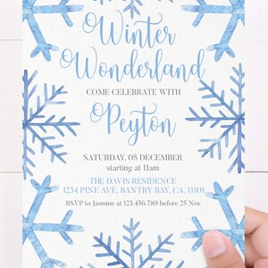 May include: A blue and white invitation with snowflakes for a Winter Wonderland party. The invitation says "Come celebrate with Peyton" and includes the date, time, and location of the party. RSVP to Jasmine at 123.456.789 before 25 Nov.