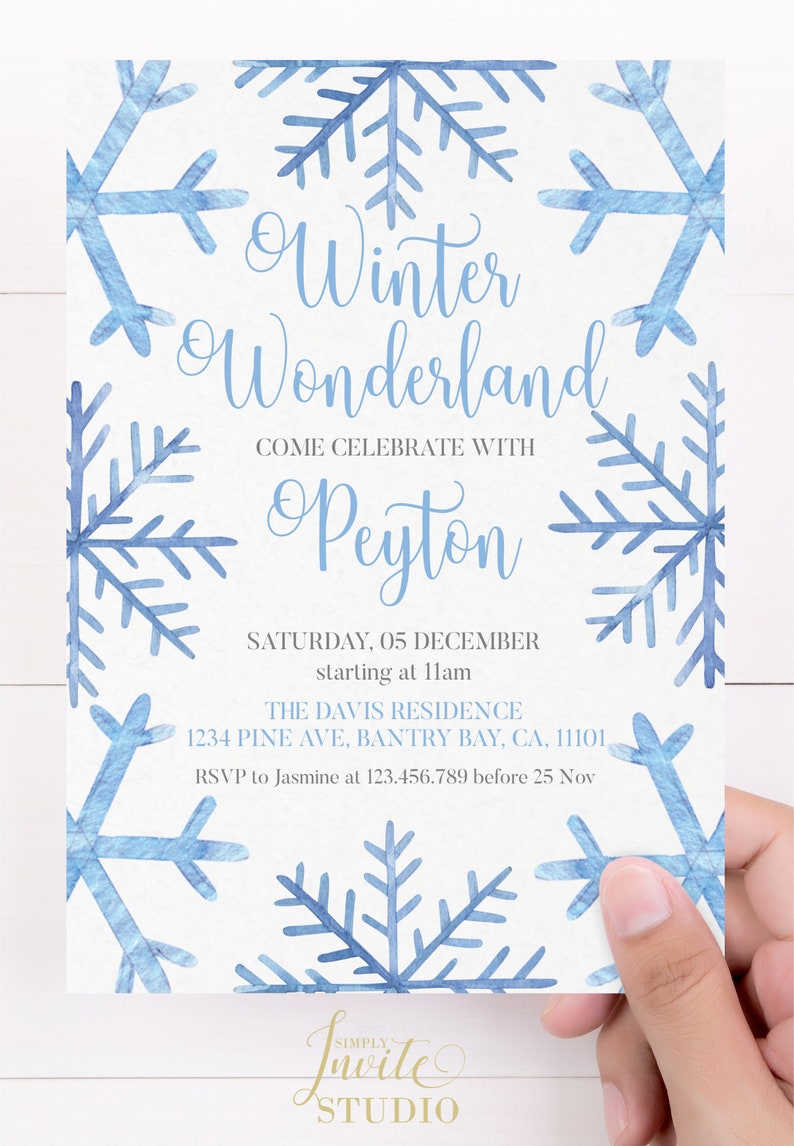 May include: A blue and white invitation with snowflakes for a Winter Wonderland party. The invitation says "Come celebrate with Peyton" and includes the date, time, and location of the party. RSVP to Jasmine at 123.456.789 before 25 Nov.
