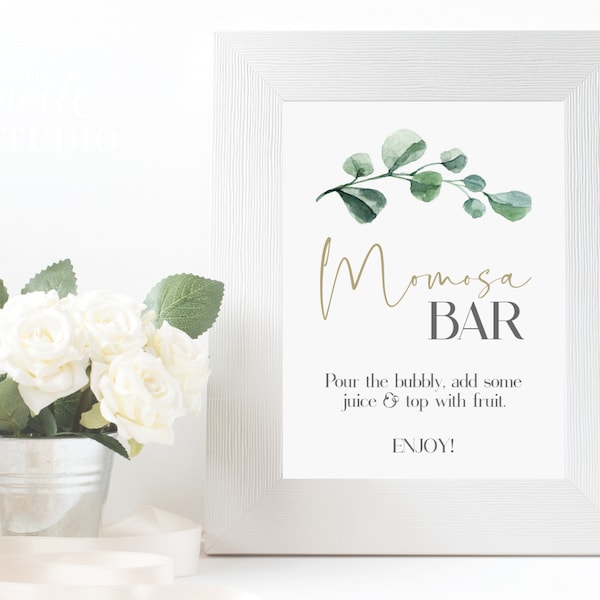 Momosa Bar Sign, Baby Shower Decoration, Mimosa Bar Poster, Greenery Drinks Sign, Printable Baby Shower Sign Eucalyptus Instant Download B01