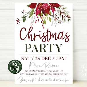 Peut inclure: Une invitation à une fête de Noël avec un motif floral rouge et vert. Le texte indique "Christmas Party", "Sat / 25 Dec / 7PM", "Morgan Residence", "245 Sydney Drive / New York, NY", "RSVP to Hayley at 123.456.789 before 15 Dec", et "Bring a gift to share in the Christmas fun!"