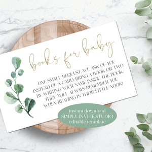 Carte de demande de livre de verdure, apportez un livre baby shower, eucalyptus botanique, téléchargement instantané, modèle modifiable, carte texte personnalisée, B01