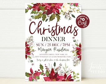 May include: A Christmas dinner invitation with a red and green floral design. The invitation reads "Christmas Dinner Sun/25 Dec/7PM Morgan Residence 245 Sydney Drive/New York, NY RSVP to Hayley at 123.456.789 before 15 Dec Bring a gift to share in the Christmas fun!"