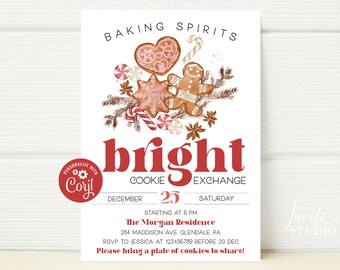 Könnte beinhalten: Eine Einladung zu einem Weihnachts-Keksaustausch mit einem rot-weißen Zuckerstange, Lebkuchen und einem roten Stern. Der Text lautet "Baking Spirits Bright Cookie Exchange" mit dem Datum "December 25, Saturday" und der Uhrzeit "Starting at 6 PM". Die Einladung enthält auch den Ort "The Morgan Residence, 284 Madison Ave, Glendale PA" und die RSVP-Informationen "RSVP to Jessica at 123.456789 before 20 Dec". Die Einladung endet mit dem Satz "Please bring a plate of cookies to share!"