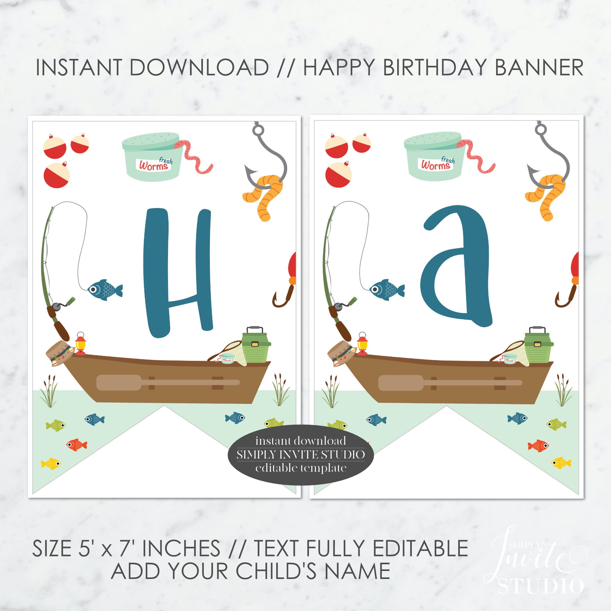 Fishing Theme Happy Birthday Banner, Boy Editable Birthday Party