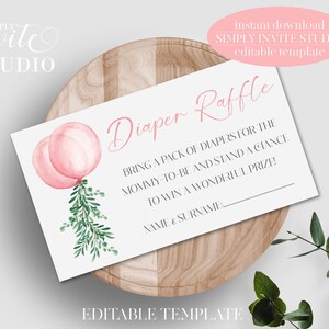 Greenery Balloon Twins Diaper Request Card, Diapers Baby Shower, Pink Girl Balloon, Téléchargement instantané, Modèle modifiable, Carte personnalisée, BS027