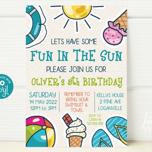 INSTANT DOWNLOAD Fun in the Sun Birthday Invitation,  Pool Party, Summer, Ice Cream & Pool Birthday Template, Birthday Invite, Editable