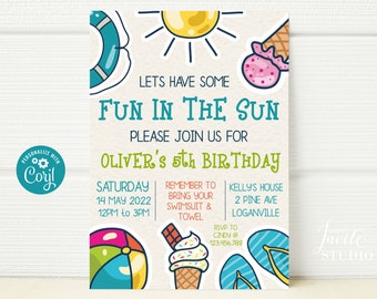 INSTANT DOWNLOAD Fun in the Sun Birthday Invitation,  Pool Party, Summer, Ice Cream & Pool Birthday Template, Birthday Invite, Editable