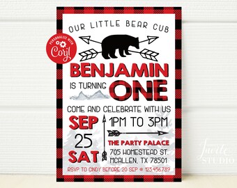 INSTANT DOWNLOAD Bear 1st Birthday Invitation, Lumberjack, Fall Birthday Template, Boy Birthday Invite, Winter Party, Editable, Outdoor