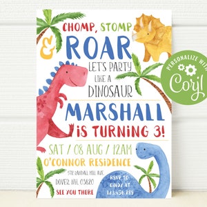 Inbjudan till dinosauriefödelsedag: Stomp, Chomp, Roar-fest (redigerbar, direkt nedladdning)