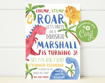 Dinosaur Birthday Invitation, Dinosaurs, TRex Birthday Template, Birthday Invite, Stomp Chomp Roar Party, Editable BI013, Instant Download