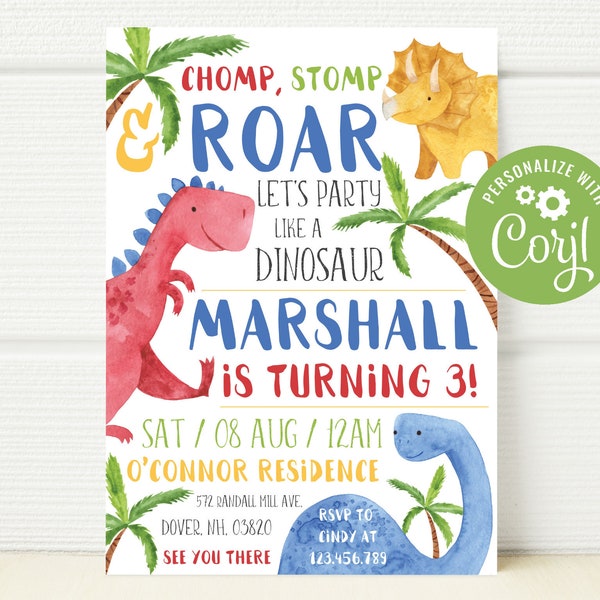 Dinosaur Birthday Invitation, Dinosaurs, TRex Birthday Template, Birthday Invite, Stomp Chomp Roar Party, Editable BI013, Instant Download