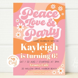 ANY AGE Peace Love & Party Birthday Invitation, Girl Retro 70s Birthday Invite Groovy Hippie Daisy Template Editable Instant Download BS036