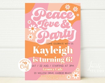 ANY AGE Peace Love & Party Birthday Invitation, Girl Retro 70s Birthday Invite Groovy Hippie Daisy Template Editable Instant Download BS036