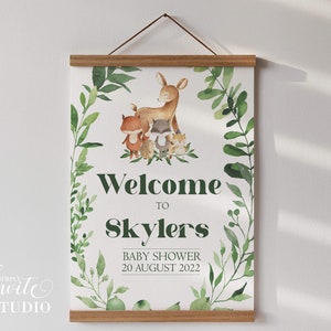 WOODLANDS ANIMALS Baby Shower Welcome Sign, Editable Greenery Sign, Instant Download Sign, Woodland Baby Shower, EDITABLE Printable, BS032