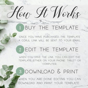 May include: A green and white graphic with the text "How It Works" in a decorative font.  The graphic explains the steps to purchase, edit, and download a digital template.  The steps are numbered 1, 2, and 3.