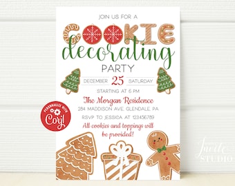 May include: A Christmas cookie decorating party invitation with gingerbread cookies, a Christmas tree, and a gingerbread man. The invitation says "Join us for a cookie decorating party" and includes the date, time, and location. It also says "RSVP to Jessica at 123.456.789".