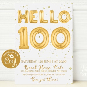 100th Birthday Invite, Simple One Hundred Editable Invitation, Gold Balloon, Milestone Birthday Party, Invite Man Woman, ABI003, Hundredth