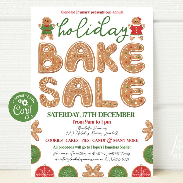 Christmas Holiday Bake Sale Flyer Editable Template, School Fundraiser Event, Holiday Fundraising, Church Baking Sale, Instant Download