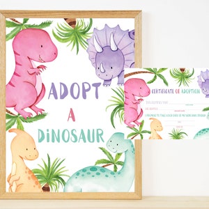 INSTANT DOWNLOAD Girl Dinosaur Adoption Poster & Certificate, Dinosaurs, Adopt a Dinosaur, Birthday Template, Stomp Chomp Roar Party, BI013