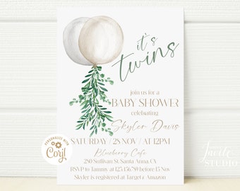 Gender Neutral Twins Baby Shower Invitation, Earthy Tones Invite, Greenery Balloon Shower Invite, Instant Download, Editable Template, BS027