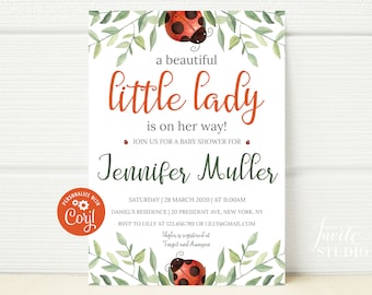 Invitación para baby shower de mariquita: Verde, rojo y negro (descarga instantánea)