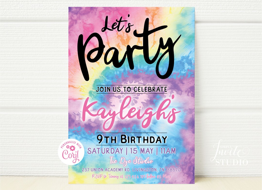 TIE DYE PARTY Invitation Rainbow Tie Dye Birthday Invitations Editable ...