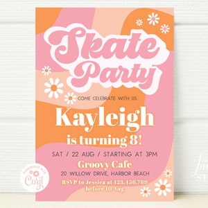 70s RETRO Summer Skate Party Invitation, Skating Party Birthday Invite Groovy Hippie Daisy Birthday Template Editable INSTANT DOWNLOAD BS036