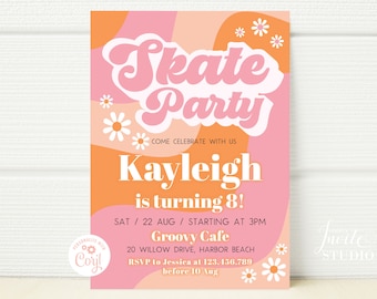 70s RETRO Summer Skate Party Invitation, Skating Party Birthday Invite Groovy Hippie Daisy Birthday Template Editable INSTANT DOWNLOAD BS036