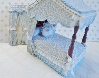 Dollhouse Miniature Canopy Bed Drape Set  1/2" CLEARANCE SALE   Blue Calico   Artisan   OOAK