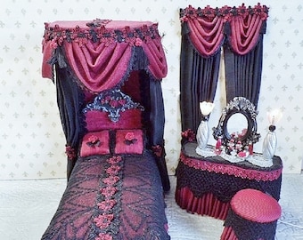 Dollhouse Miniature  Bed SET   Victorian Gothic Half Tester Bed