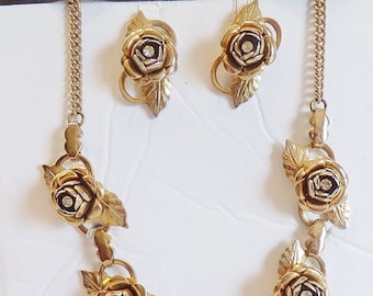 Rare Vintage Necklace  & Earrings..Gold 3D roses with Diamond Rhinestones   Matching ScrewBack Earrings Perfect condition 50's 60's