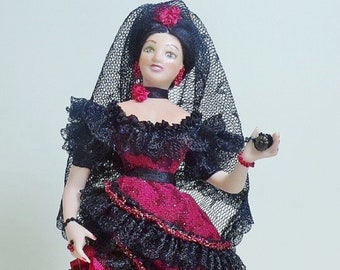 Dollhouse Porcelain  Miniature  Doll 1" Spanish Lady Porcelain  OOAK  Ruthellens