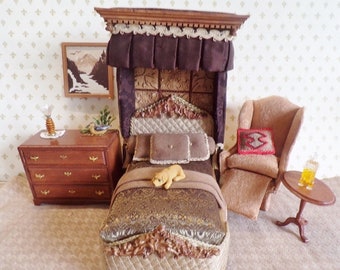 Dollhouse Miniature  Bed Set   Tester/Canopy  Set  "Gentlemen"  1" Scale   Artisan  OOAK