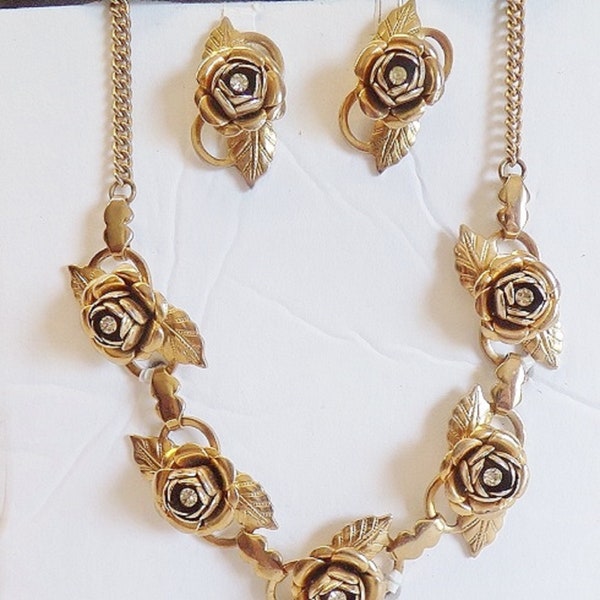 Rare Vintage Necklace  & Earrings..Gold 3D roses with Diamond Rhinestones   Matching ScrewBack Earrings Perfect condition 50's 60's