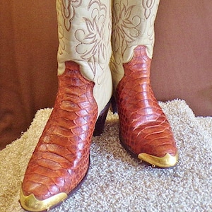 May include: A pair of brown leather cowboy boots with a white leather upper and intricate floral designs. The boots have a pointed toe and a gold metal toe cap.