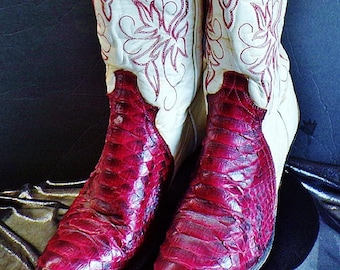 Vintage Justin Cowgirl Boots, Cherry Python & White, Size 4.5B
