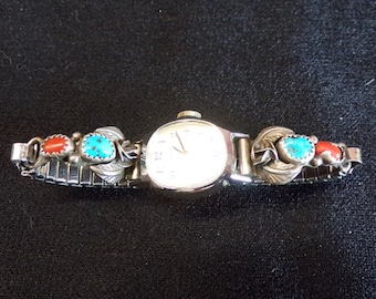 Turquoise/Coral   Ladies Watchband  Vintage 70's..Sterling  Native American Indian Made