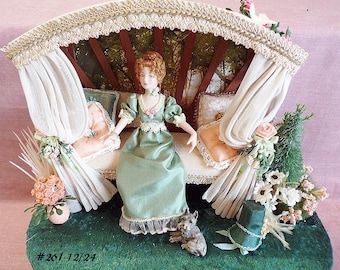 Dollhouse Vintage Greenleaf Settee  1" Scale  Garden  Setting  with Porcelain Doll Decorated