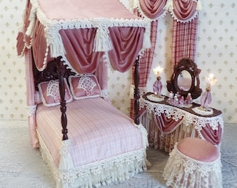 Dollhouse Miniature Bed Set 4 PC. Set  Mauve Silks/Plaid Drape