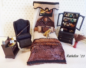 Dollhouse Miniature  Bedroom Suite "Hunter's Safari"  8+ Pc   All Custom Made  OOAK Artisan