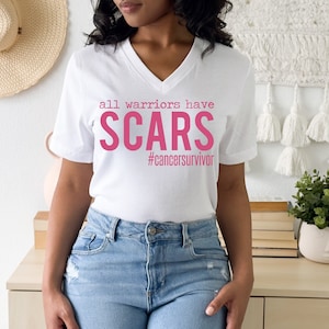 ORIGINAL All Warriors have Scars V-Neck Shirt, Cancer Survivor V-Neck Shirt, Breast Cancer, Women Shirt, Pink October, Ink and Quotes