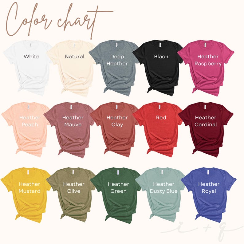 May include: Color chart displaying various t-shirt colors. Colors include white, natural, deep heather, black, heather raspberry, heather peach, heather mauve, heather clay, red, heather cardinal, heather mustard, heather olive, heather green, heather dusty blue, and heather royal.