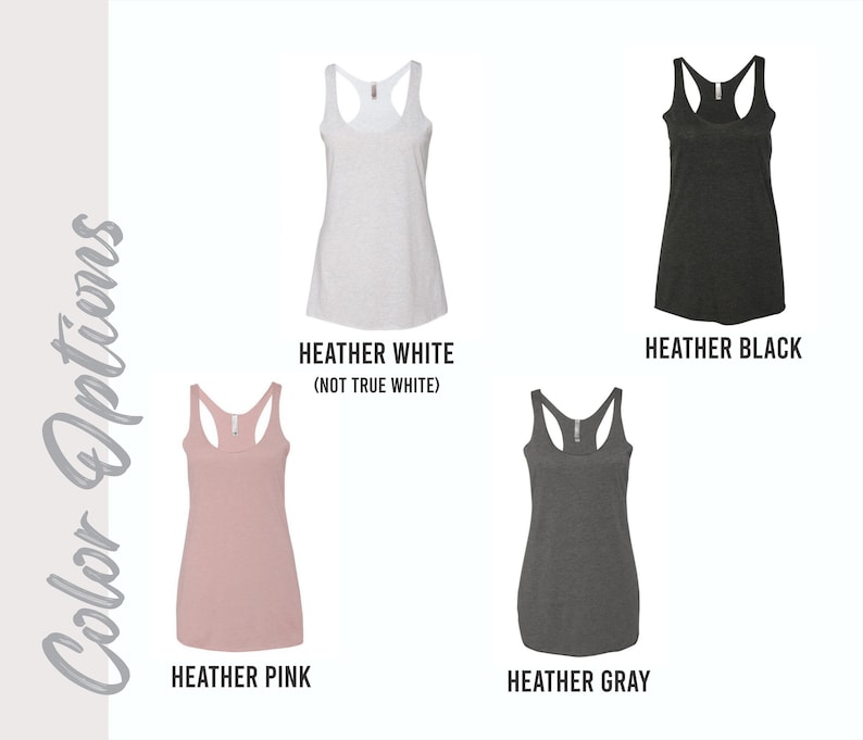 May include: Four tank tops in different colours: heather white, heather black, heather pink, and heather grey. The tank tops are all the same style, with a scoop neck and racerback.