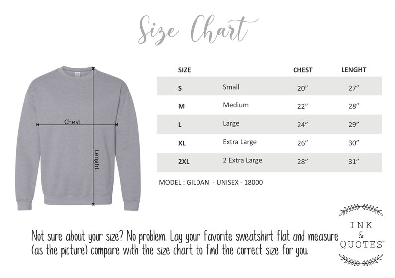 May include: Size chart for a sweatshirt with measurements in inches for chest and length. Sizes include small, medium, large, extra large, and 2 extra large. The model is Gildan Unisex-18000.