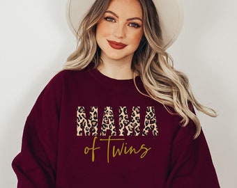 Mama Of Twins Sweatshirt,  Women&#39;s Sweatshirt, Gift for Her, Twin Mama Sweatshirt, Leopard Sweatshirt, Winter Sweatshirt,  Ink and Quotes