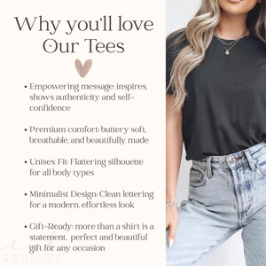 May include: A woman wearing a black t-shirt and light blue jeans. The image includes text that reads "Why you'll love Our Tees" and bullet points describing the shirts' features, including a minimalist design and unisex fit.