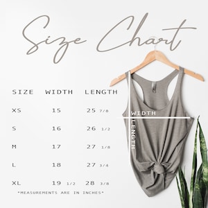 May include: A gray tank top hangs on a wooden hanger, with a size chart displayed to the left. The chart lists sizes XS to XL, with corresponding width and length measurements in inches. The text "Size Chart" is at the top.