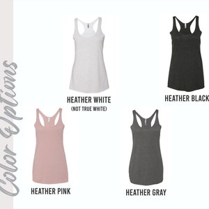 May include: A selection of women's tank tops in various colors, including heather white, heather black, heather pink, and heather gray. The text "Color Options" is displayed on the left side of the image, with each tank top labeled with its color.