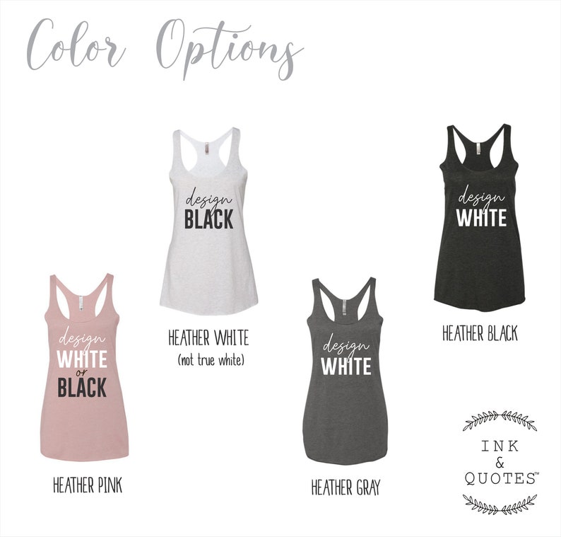 K&ouml;nnte beinhalten: Das Bild zeigt Tanktops in verschiedenen Farben: Heather Pink, Heather White, Heather Gray und Heather Black. Jedes Tanktop hat ein Design mit den W&ouml;rtern "design" und entweder "white" oder "black". Der Text "Color Options" steht oben.
