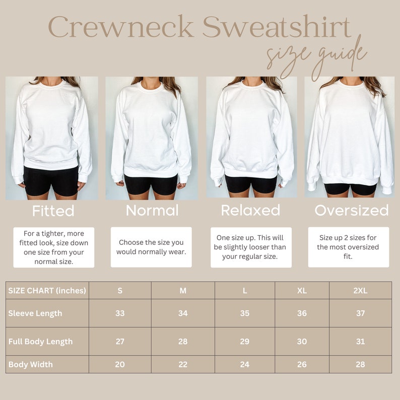 May include: Size chart for a crewneck sweatshirt in five different fits: fitted, normal, relaxed, oversized, and 2XL. The chart shows measurements in inches for sleeve length, full body length, and body width.